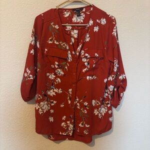 Women's Forever 21 Orange Floral  Button Front Roll Tab Sleeve Blouse,Size Small
